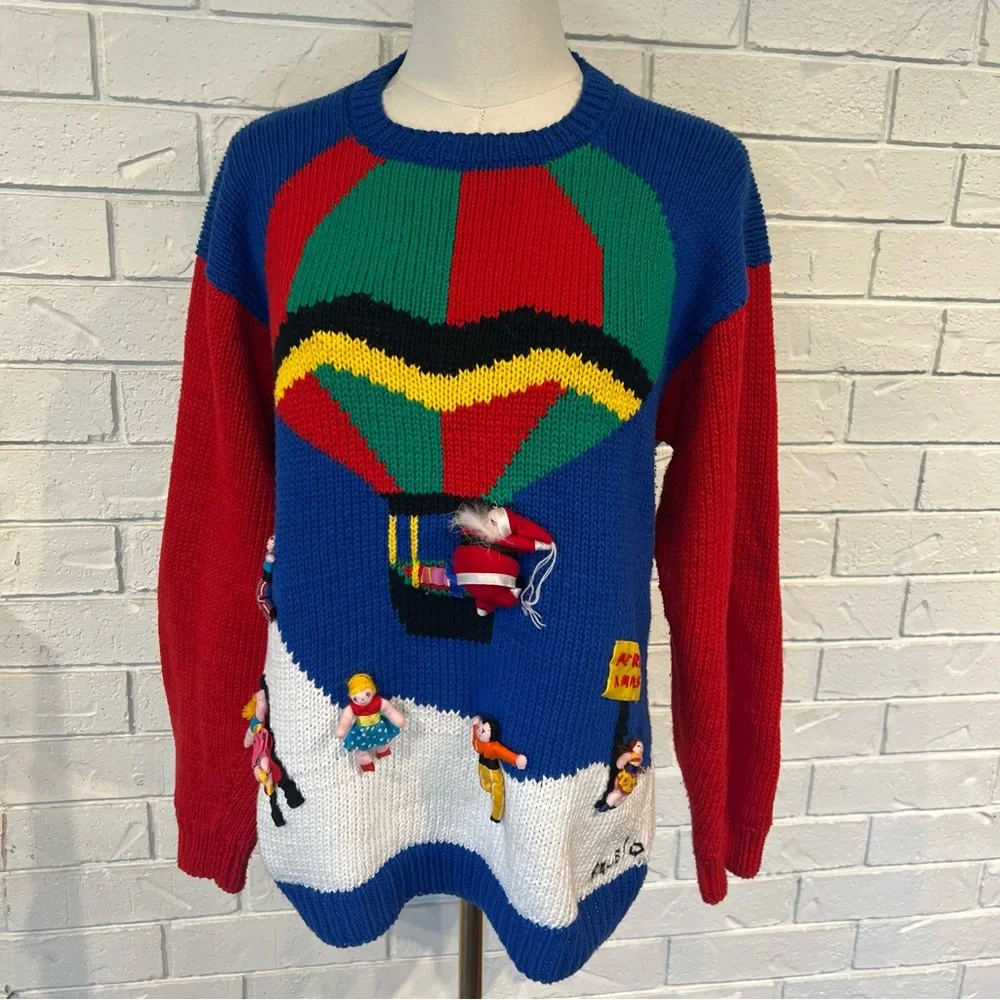 Vintage 90s Raquel Collection Peru Santa Balloon Christmas Sweater Womens M